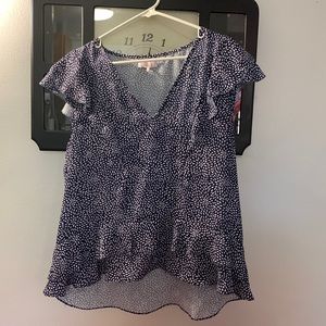 Parker size L peplum hi lo blouse navy and white